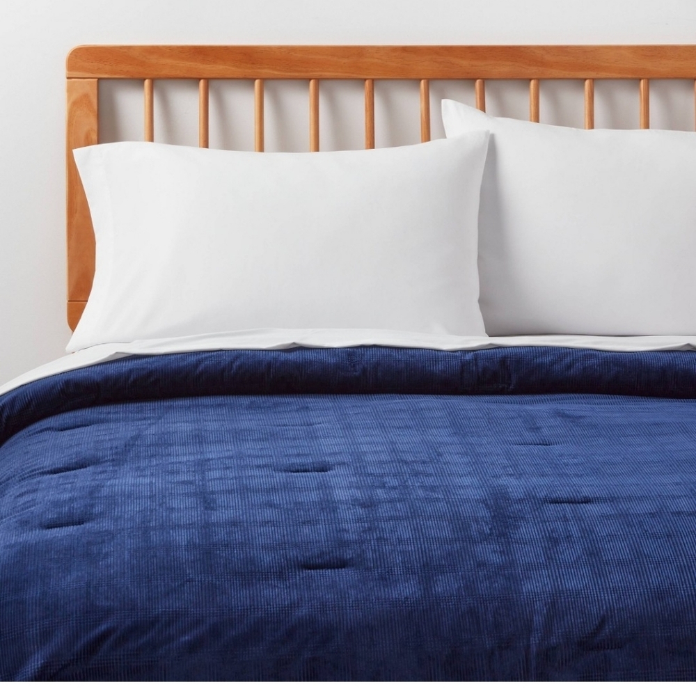 Twin/Twin Extra Long Corduroy Plaid Comforter Navy Blue - Room Essentials NEW